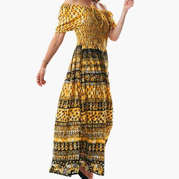Yellow peasant maxi dress short sleeve off shoulder boho summer floral tie dye - Picture 5 of 6